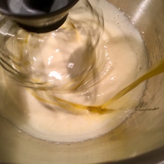 Make a fluffy mix of eggs and sugar, then add the melted butter